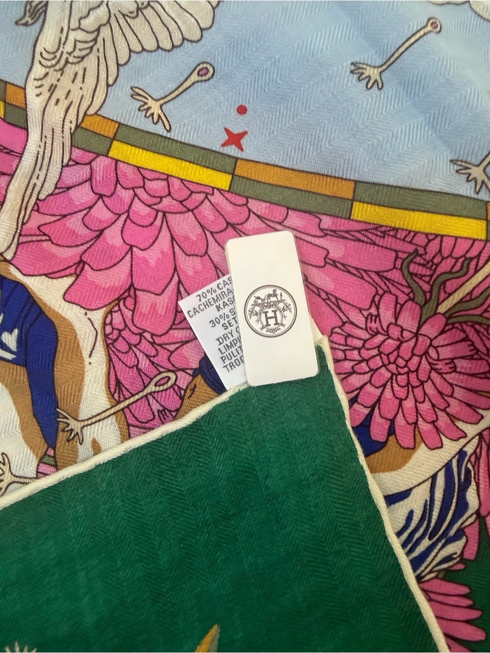 Hermes Green Silk Pocket Square with Pink, Blue and Cream Accents - Picture 4 of 10